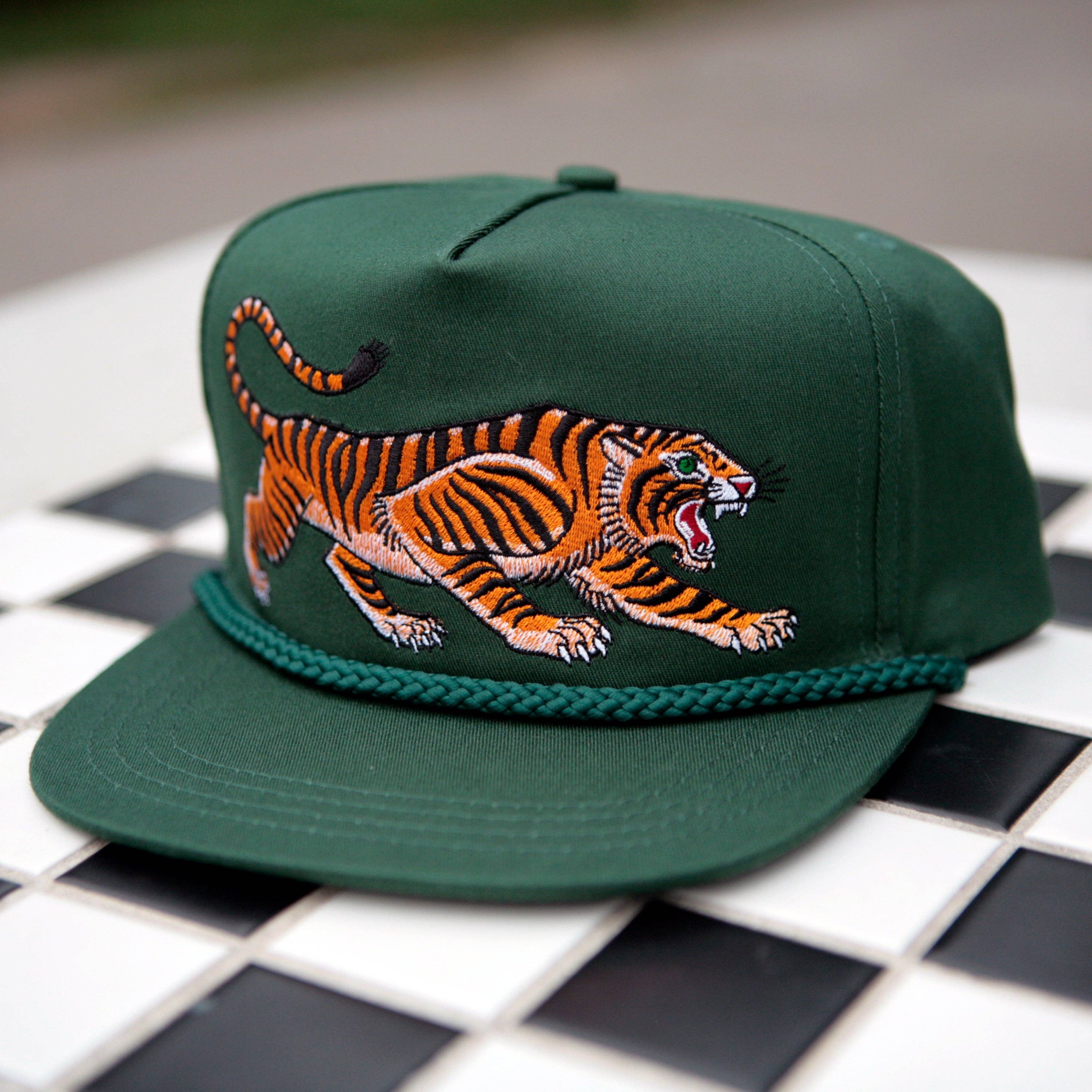 Unisex Tattoo-Style Tiger Cap: Spruce Green