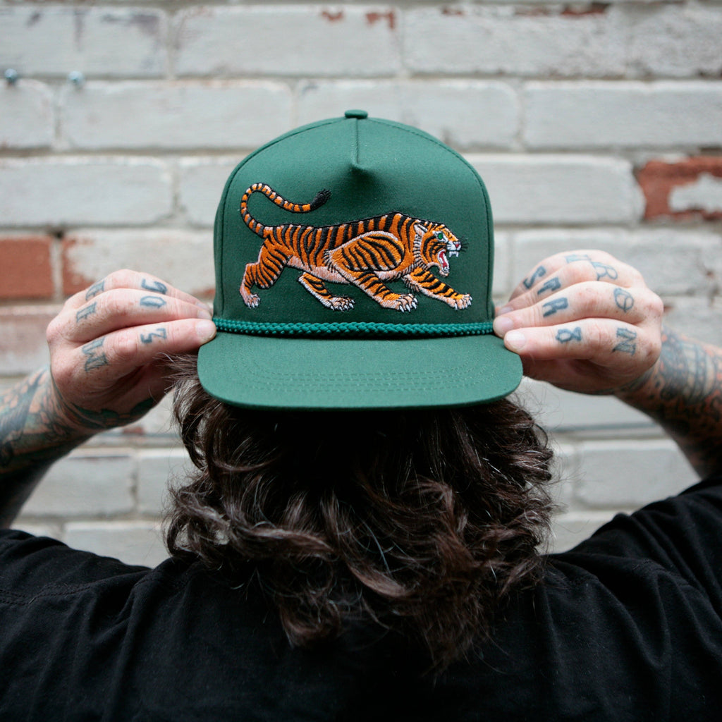 Unisex Tattoo-Style Tiger Cap: Spruce Green