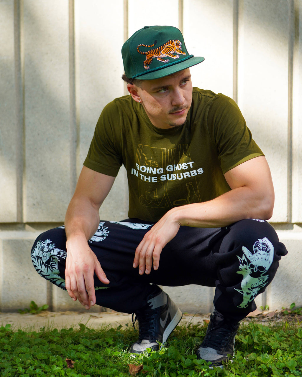 Unisex Tattoo-Style Tiger Cap: Spruce Green