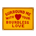 Yellow sign with red text and heart symbol on a white background