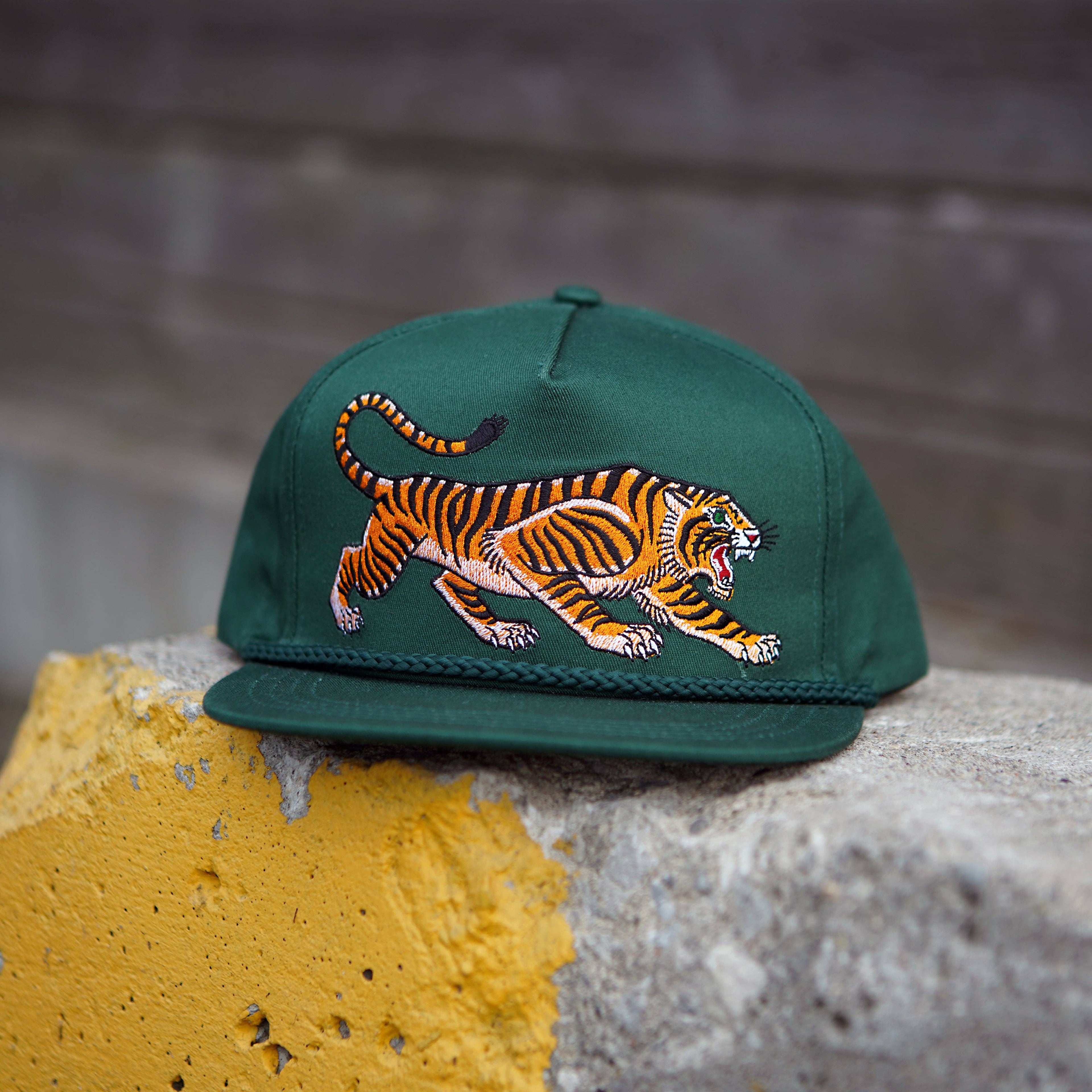 Unisex Tattoo-Style Tiger Cap: Spruce Green